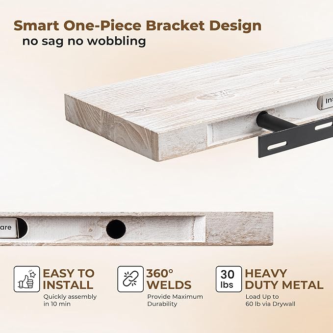 Axeman Floating Shelves for Wall - 32''W x 8'' D Rustic Solid Elm Wood Shelves for Storage, Wall Mounted Display Shelving with Invisible Heavy-Duty Metal Bracket (White Wash, 2PCs)