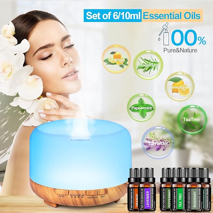 YIKUBEE Oil Diffuser with Essential Oils Set, 500ml Diffuser, 6x10mL Essential for diffusers for Home, Aromatherapy Humidifier, Diffusers for Essential Oils Large Room