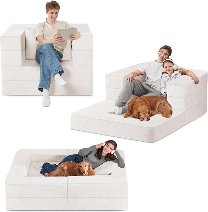 Folding Bean Bag Chair for Adults,3-in-1 Bean Bag Couch Faux Fur Floor Sofa Large Beanbag Convertible Bean Bag Sofa Bed with Pillow in Bedroom,Living Room,Apartment(Twin,Milky White)