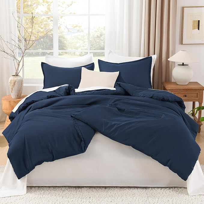 Litanika Navy Blue Comforters Oversized Queen Size, 3 Pieces Lightweight Solid Bedding Comforter Set, All Season Fluffy Bed Set (98x98In Comforter & 2 Pillowcases)