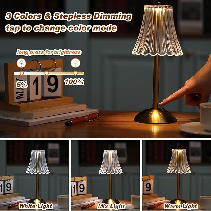 Liliful 4 Pcs LED Portable Cordless Table Lamp Touch Battery Operated Rechargeable Desk Lamp 3 Color Dimmable for Bedroom Living Room Dining (Rose Style,Gold)