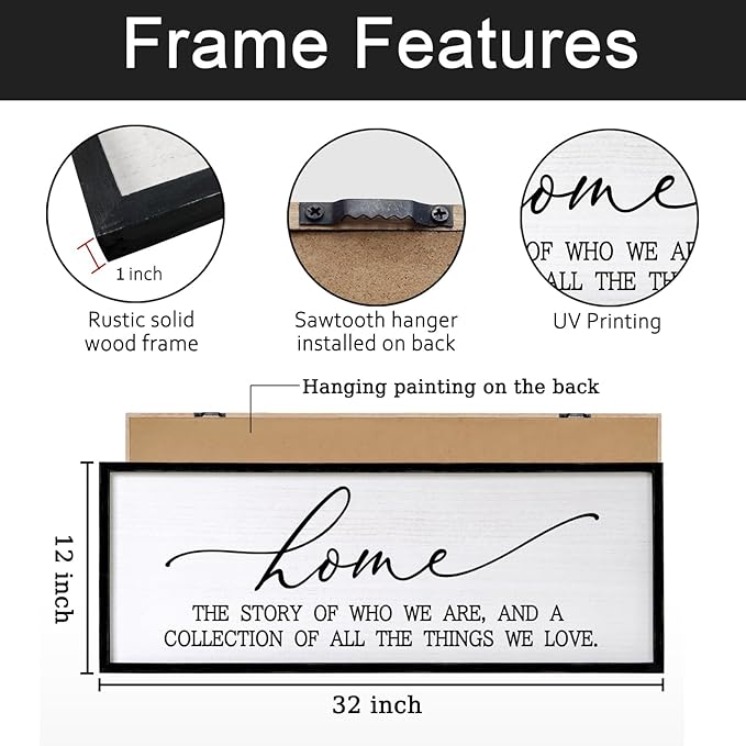 Home The Story of Who We Are Sign Farmhouse Family Wall Decor 32x12 Inch Plaque Wood Framed Art for Hanging (Black)