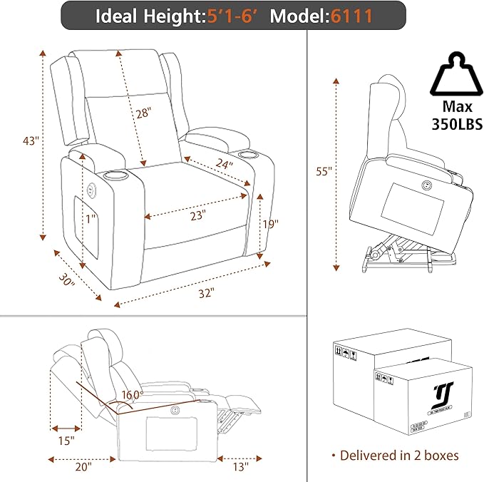 Lift Recliner Chair for Adults with Massage and Heating, Power Lift Recliner Chairs for Elderly, Corduroy Fabric Reclining Chair with USB &Type-C Port, Cup Holders, L6111 (Brown)
