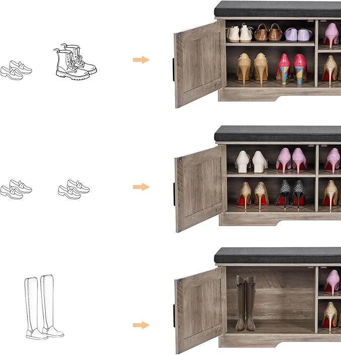 2-Tier Storage Bench, Shoe Bench with Padded Seat Cushion, Entryway Bench with 2 Barn Doors, Adjustable Shelf, 13.8" D x 39.4" W x 17.7" H, for Entryway, Living Room, Bedroom, Greige