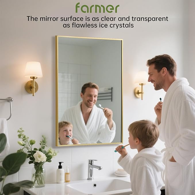 FARMER 16x20 Inch Gold Bathroom Mirror, Rectangle Wall Mounted Mirror, Vanity Mirror, Brushed Square Mirror, Framed Bathroom Mirror for Bedrooms, Entryways, Living Rooms, Horizontal/Vertical