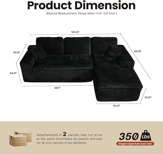 ovios 105” Modular Sectional Sofa with Thicken Seat Cushion, Cloud Couch with Deep Seat, Modern L-Shape Sofas Couches with Chaise,Upholstered Couches for Living Room Bedroom,Black
