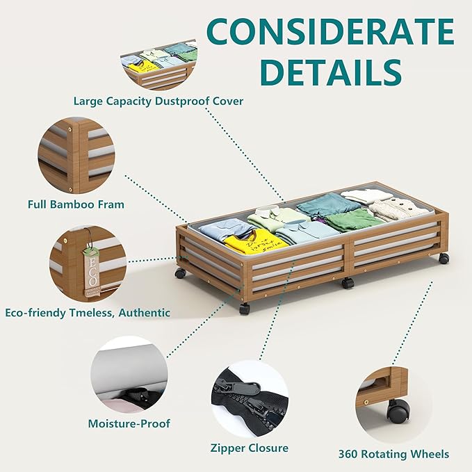 Bamboo Under Bed Storage Containers- Underbed Organizer with Wheels with Large Dust Bag,Sturdy Wood Rolling Under the Bed Shoe Storage Organizer Drawer 2 Packs (Walnut, Long)