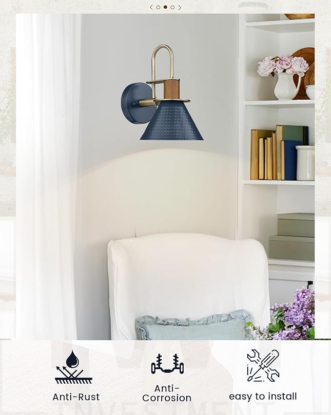HWH Rustic Wall Sconces, Industrial Sconce Wall Lighting Indoor Wall Lamp, Gooseneck 1-Light Barn Vanity Light for Bathroom Bedroom Bedside, Hammered Metal Shade, Navy Blue Finish, 5HZG74B BL+BG