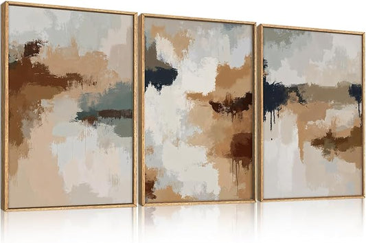 LHIUEM Large Abstract Brown Grey Framed Canvas Wall Art,Neutral Brush Stroke Pastel Wall Decor,Modern Color Block Wall Painting,Minimalist Artwork for Living Room,Bedroom,Dining Room,Office -16"x24"x3
