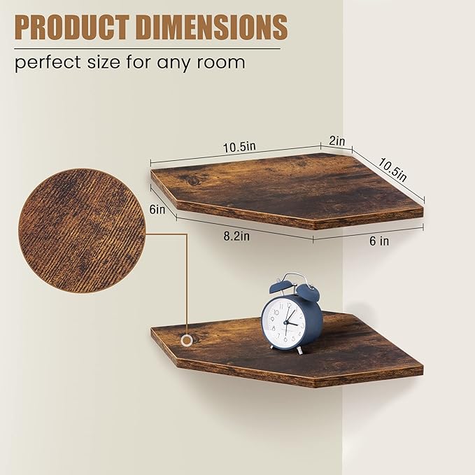 Corner Shelf Wall Mount, Floating Corner Shelves, Set of 2 Corner Wall Shelf Organizer, Rustic Wood Wall Storage Display Shelves for Living Room Bedroom Bathroom Kitchen, Rustic Brown