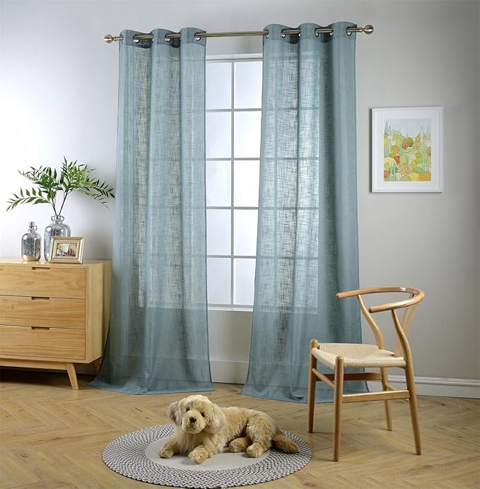 MIUCO Semi Sheer Curtains Poly Linen Textured Solid Grommet Curtains 95 Inches Long for Bedroom 2 Panels (2 x 37 Wide x 95" Long) Teal