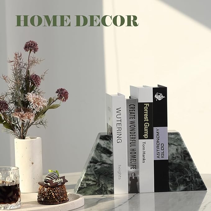 Marble Bookends for Heavy Books, Decorative Bookends for Shelves, Green Stone Book Ends, Heavy-Duty Book Ends for Hardback Book & Cookbooks, Unique Book Stopper & Holder, Set of 2