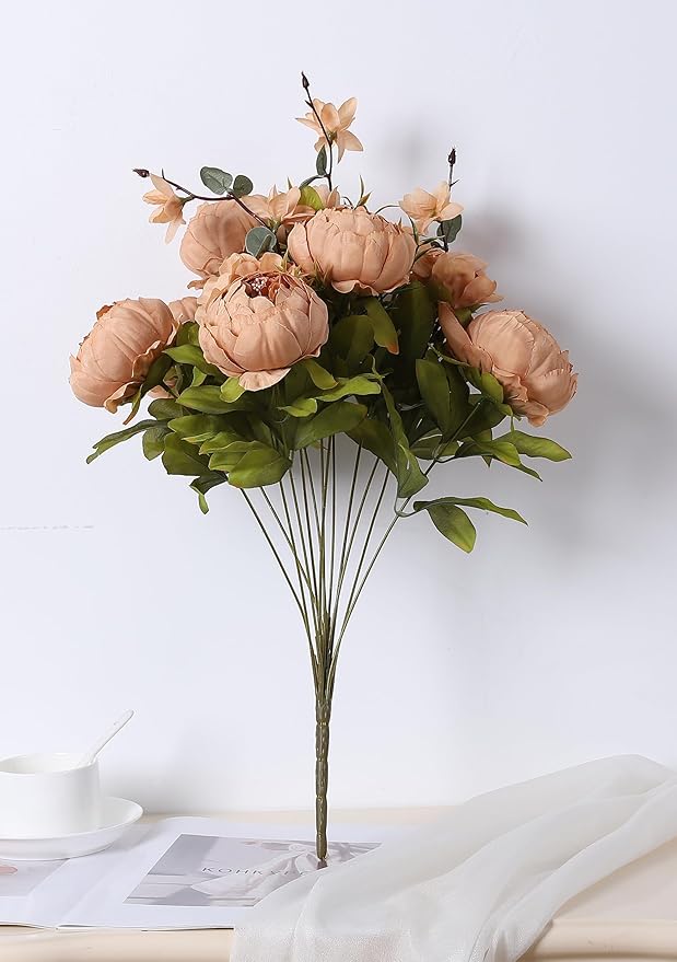 Duovlo Artificial Peony Silk Flowers Fake Flowers Vintage Wedding Home Decoration,Pack of 1 (Dark Champagne)