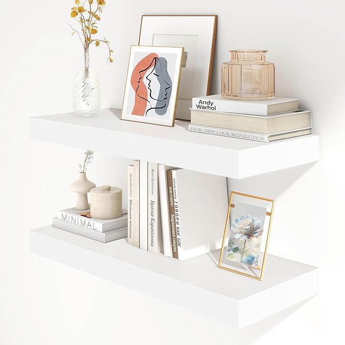 Deep Floating Shelves | 30 Inch Floating Shelves for Wall Set of 2 | 12 Inch Deep White Shelves for Living Room Bathroom Laundry Room Bedroom Kitchen Home Office - White