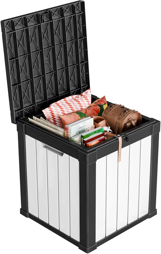 DRATO 50 Gallon Deck Box, Outdoor Storage Box for Patio Cushion, Sports Equipment, Garden Tools, Waterproof Patio Storage box, Lockable (Black and White)