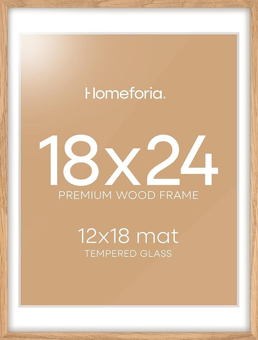 Homeforia 18x24 Poster Frame Wood, High End Natural Oak 18x24 Light Wooden Picture Frame with Mat 16x20, 18 by 24 Frames Matted to 16 x 20 Photo, 24by18 Thin Frames, Tempered Glass, Wall Kit, Set of 1