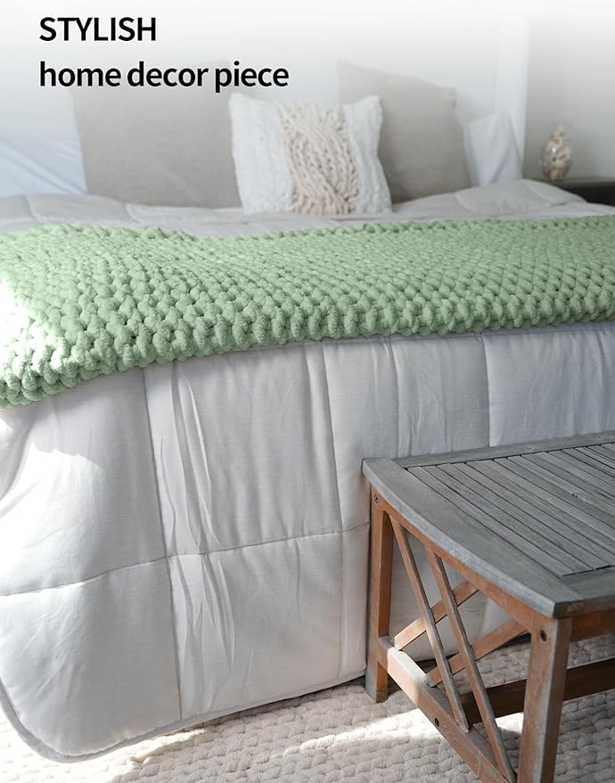 YnM Chunky Throw Blanket, Medium-Weight, Hand Knitted with Chenille Yarn, Skin Friendly, Ventilated and Breathable, Machine Washable, Home Décor Piece for Couch, Sofa and Bed (Sage Green, 30x40 Inch)