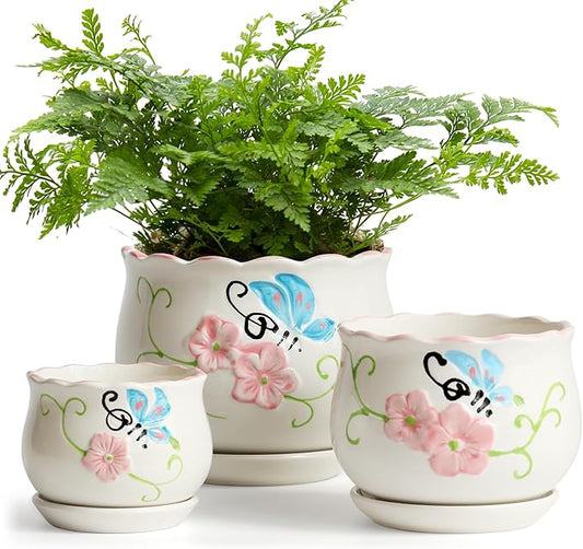 Ceramic Plant Pots with Drainage Holes and Saucers, Round Flower Pots for Indoor Plant, 3.9/5.2/6.7 Inches Flower Large Planters Set of 3