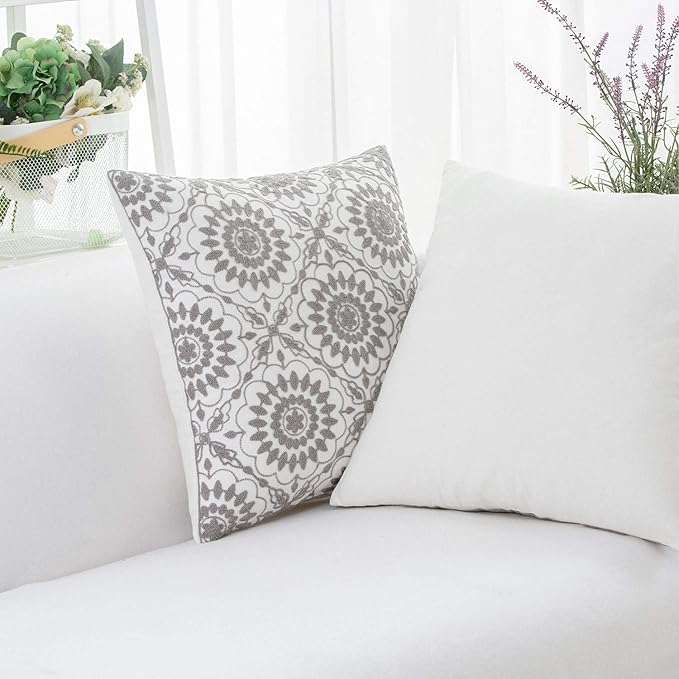 HWY 50 Gray Grey Decorative Throw Pillow Covers 18x18 Inch (1 Piece), Embroidered Cotton Farmhouse Cushion Cover Pillow Case for Sofa Couch Living Room Bed, Little Sunflower