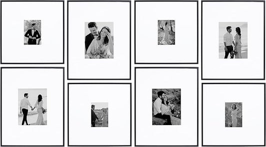 Camden Reed Arcadia 8 Piece Oversized Gallery Wall Frame, 16x20 and 16x16 Inch Matted Frames for Featuring 8x10 and 5x7 Inch Photographs or Art Prints, Black Finish