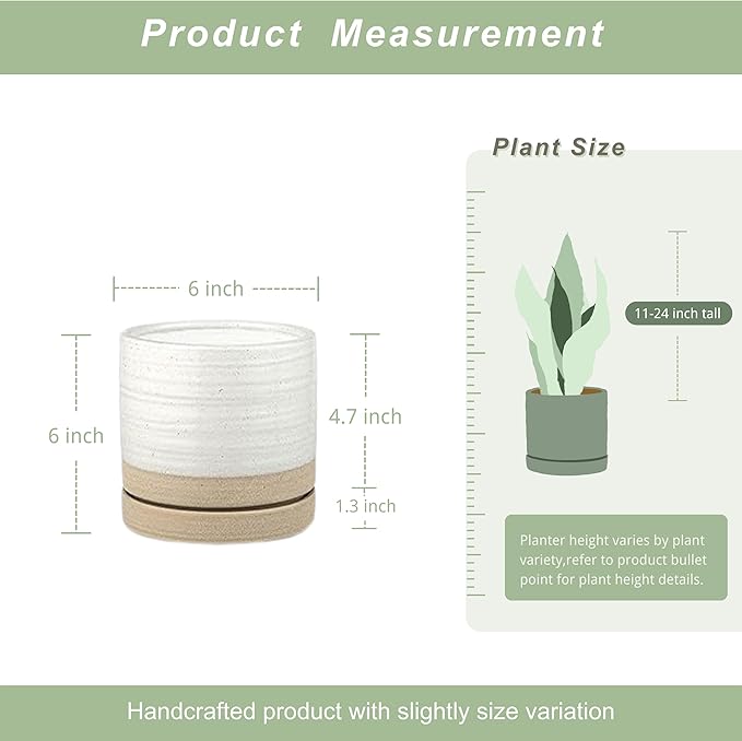 6 Inch Plant Pots, Ceramic Planter Pot with Drainage Hole & Saucer, Indoor/Outdoor Cylinder Round Planter Pot, White & Beige Glaze