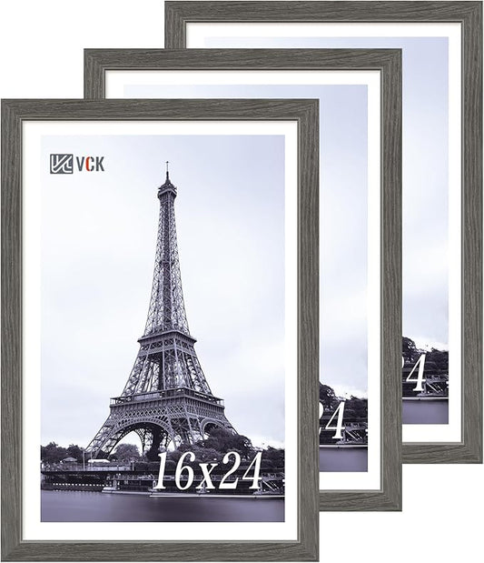 VCK 16x24 Frame Set of 3, Gray Solid Wood Poster Picture Frame, Exclusive Wood Grain, Wall Gallery Frame