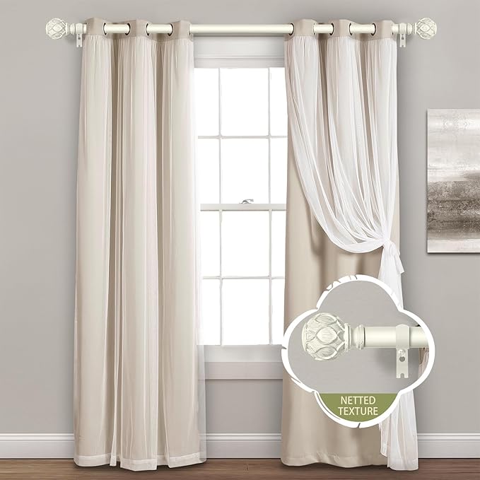 White Farmhouse Curtain Rods for Windows:Heavy Duty Adjustable Curtain Rod for Bedroom Living Room,Boho Decorative Rustic Drapery Rods with Vintage Coastal Finials,Antique White 2 Pack 66-120"