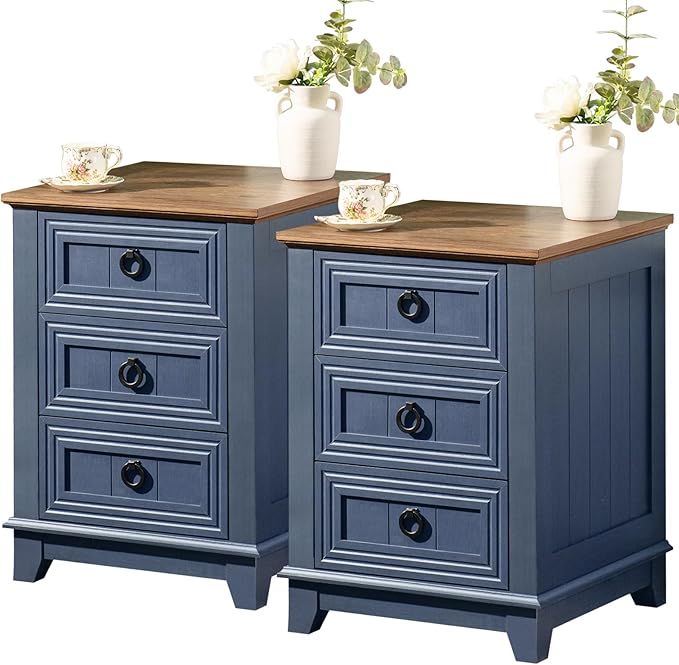 Night Stand Set of 2, Farmhouse 18" End Table with 3 Drawer Metal Handle, Dresser for Bedroom, Sofa Bed Side Table Chest of Drawers,Wood Nightstand Cabinet for Organizer, Living Room-Blue