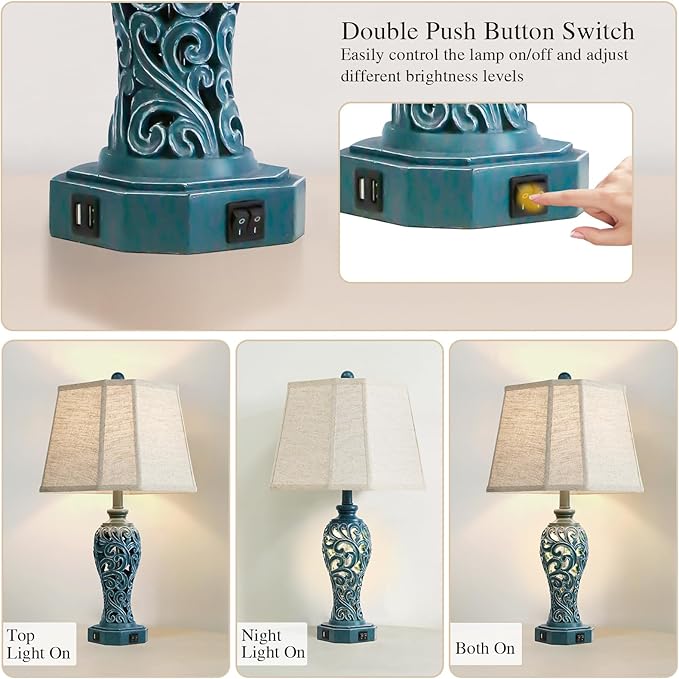 25'' Farmhouse Table Lamps Set of 2 for Living Room Bedroom, 2 USB Ports Coastal Vintage Table Lamp with Nightlight, Blue Green Hollow Out Resin Lamp for End Table (Bulbs Included)