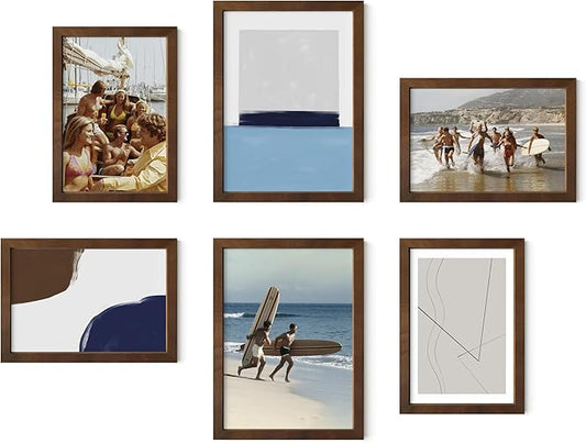 HAUS AND HUES Walnut Oak Wood Gallery Wall Tabletop Frames Made with Real American Oak and Shatter-free Plexiglass - Set of 6 (Four 4x6, Two 5x7, Framed Walnut)
