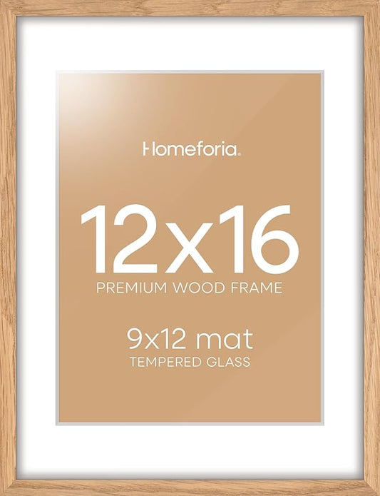 Homeforia 12x16 Wood Frame, High End Natural Oak 12x16 Light Wooden Picture Frame with Mat 9x12, 12 x 16 Poster Frames Matted to 9 by 12 Photo, 16x12 Hanging Frames, Tempered Glass, Wall Kit, Set of 1