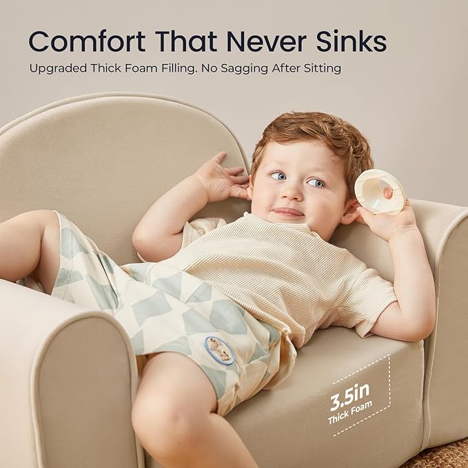 Tiny Land 2-in-1 Foldable Kids Couch with Pockets – Soft Thick Toddler Sofa, Lounger Couch, Convertible Kids Chair for Playroom, Bedroom or Living Room, Gift for Boys & Girls(Beige)