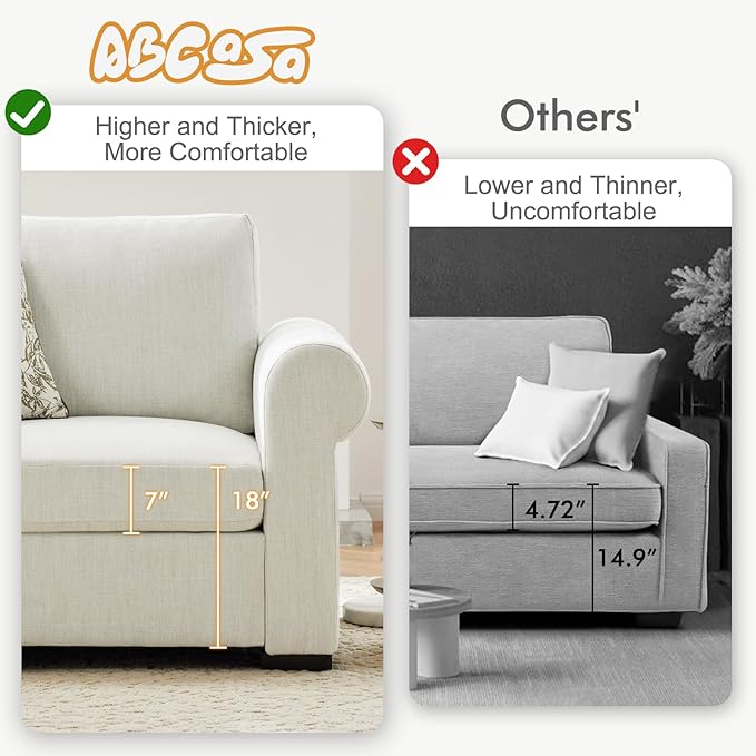 L Shaped Sectional Sofa with Ottoman,Rolled Armrest,Modern Sectional Modular Couch for Living Room,Breathable Linen Fabric Corner Couch with 7 Seats for Apartment,Removable Sofa Cushion,Ivory