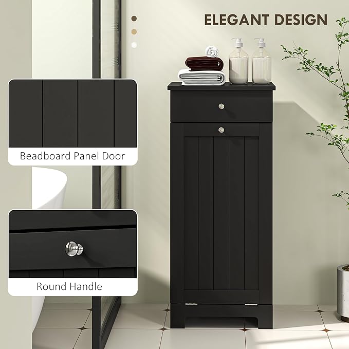 HOMCOM Laundry Hamper with Removable Basket, Tilt Out Hamper with Drawer and Beadboard Door, Bathroom Storage Cabinet, Black