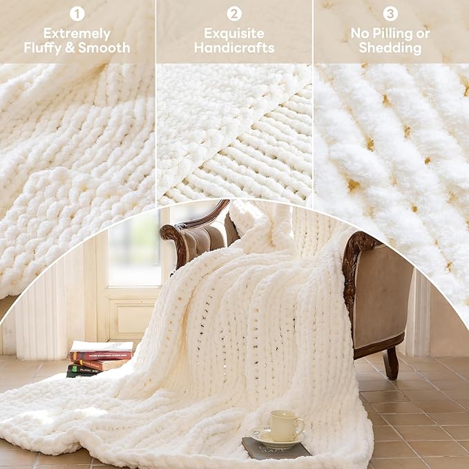 Chunky Knit Blanket - Luxury Soft Cozy 50 * 60 Throw Blanket,100% Woven Blanket Rope Knot Throw Blanket for Couch, Sofa, Home Decor, Gift - Machine Washable（Milk White）