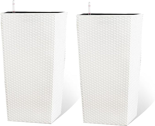 2Pcs 23in High Large Plant Pots Planter-Self-Watering,Modern Planter with Drain Holes,Water Level Monitor,Inner Bucket for Indoor/Outdoor Front Porch Patio,White Rattan