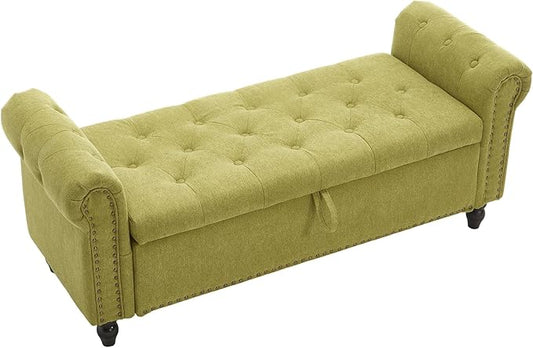 Furniliving 55” End of Bed Bench, Bedroom Bench with Button-Tufted, Large Upholstered Storage Ottoman Benches Entryway Bench with Storage Shoe Cabinet Bench, for Bedroom, Living Room, Linen, Green
