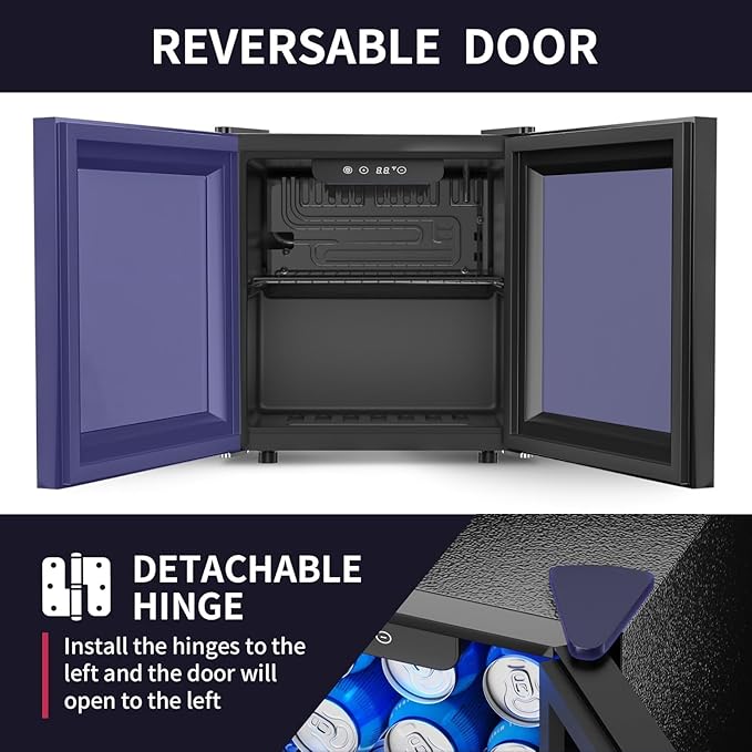 48 Can Beverage Refrigerator Cooler, Mini Fridge Glass Door with Adjustable Shelves, Freestanding Beverage Fridge with Blue LED for Home/Office/Dorm/Bar, 1.3 Cu.ft