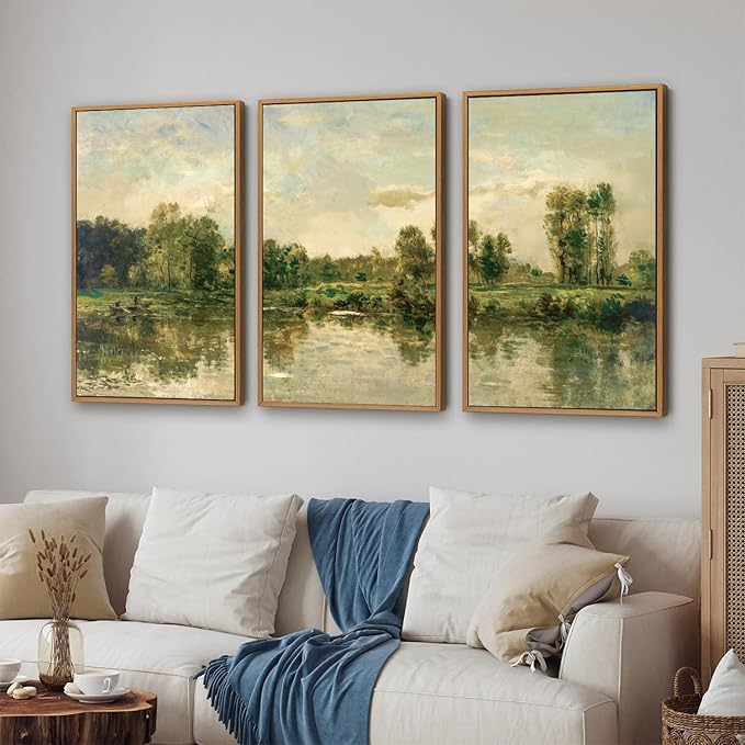Tinonedraw Vintage Nature Framed Canvas Wall Art Set of 3, French Country Wall Decor, Olive Green Trees Art Paintings, Rustic Landscape Farmhouse Art Prints for Living Room Bedroom Office 24"x36"x3