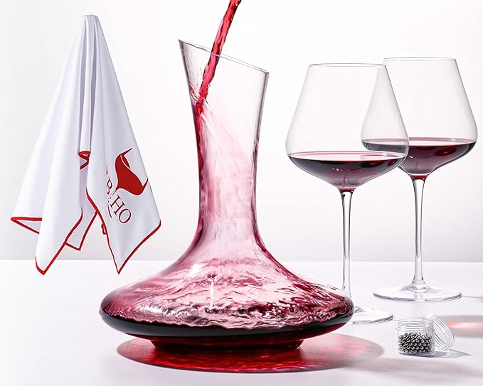 JBHO Full Bottle Wine Decanter with 2pcs Red Wine Glasses and Cleaning Beads, 21 oz Burgundy Wine Glasses, 56 oz Wine Carafe Aerator and Glasses Set, Wine Decanter and Glass Set