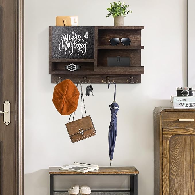 Key Holder for Wall, Mail Organizer Wall Mount with Key Hooks and Chalkboard & Mirror for Sunglasses Storage and Dog Leash Hanger, Decorative with 4 Double Hooks