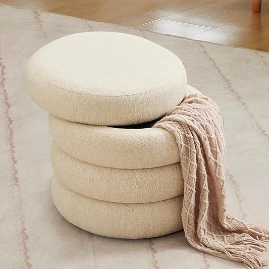 ONEVOG Round Storage Ottoman, 20" Small Ottomans Table with Removable Lid, Linen Fabric Soft Footrest Stools for Couch, Upholstered Stuffed Circle Seat for Living Room/Bedroom/Dorm/Vanity, Beige