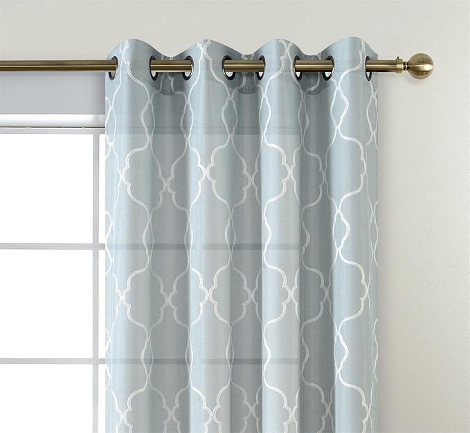 MIUCO Moroccan Embroidery Semi Sheer Curtains Faux Linen Grommet Curtains for Living Room 52 x 84 Inch 2 Panels Set, Sea Foam