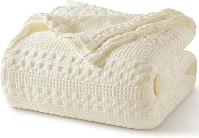 PHF 100% Cotton Waffle Weave Blanket King Size, Soft Lightweight Breathable Cozy Summer Blankets for Bed, Luxury Aesthetic Woven Bedding for Home Decor, 108"x90", Cannoli Cream