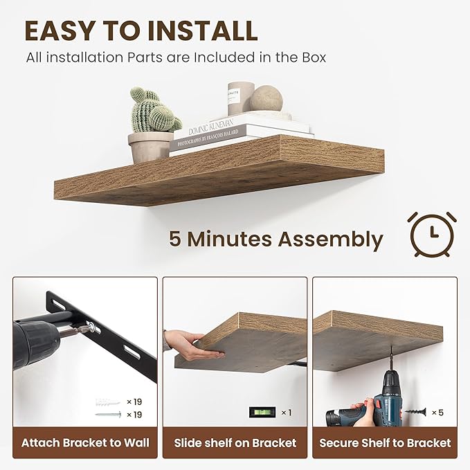 48 Inch Floating Shelves, 12 Inch Deep Floating Shelves for Wall, Floating Shelf with Invisible Brackets, Deep Wall Shelves for Bathroom, Bedroom, Living Room, 1 Pack, Brown