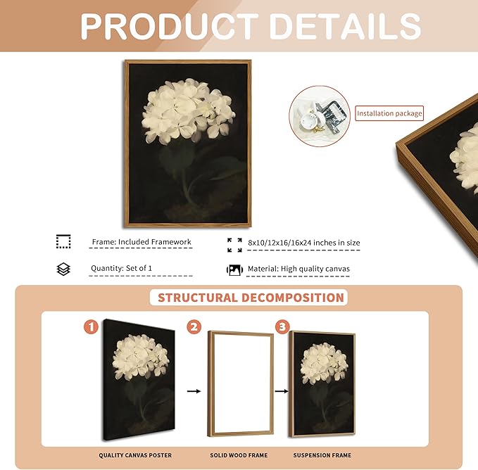 Framed Wall Art for Living Room – Vintage White Hydrangea Oil Painting Canvas Prints, Aesthetic Bedroom Wall Art, Kitchen Decor for Shelves, Bathroom Office Artwork Wall Decor – 12x16in