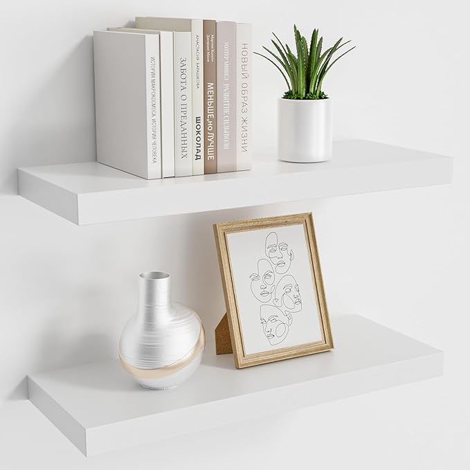 Floating Wood Shelves for Wall 16 Inches x 8”x 1.4” Shelf Floating Home Decor, Heavy Duty Shelf Hold 35 lbs, Wall Shelves for Bathroom Living Room Kitchen Bedroom Office - Set of 2 White