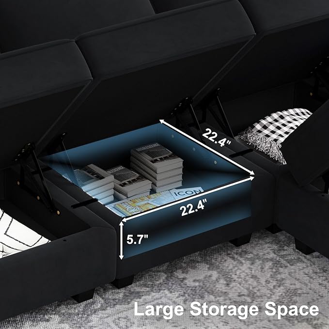 Belffin Modular Sofa Couch with Storage Seats Velvet 3 Seater Sofa for Living Room Black