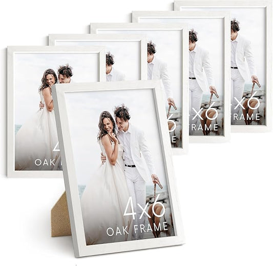 HAUS AND HUES 4x6 Picture Frame Set of 6 - White Gallery Wall Frames, 4x6 Frames for Pictures, 4x6 Picture Frame Bulk, Wooden Picture Frames 4x6 Small Frames, 4x6 Frames Bulk (White Oak Frames)