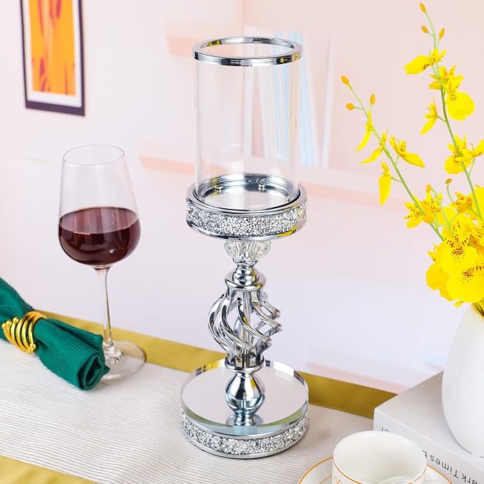 Hanjue Crystal Candle Holders for Pillar Candle, Metal Crystal Candle Holder for Home Decor, Centerpieces, Coffee Dining Table CH0509 (Silver (M))